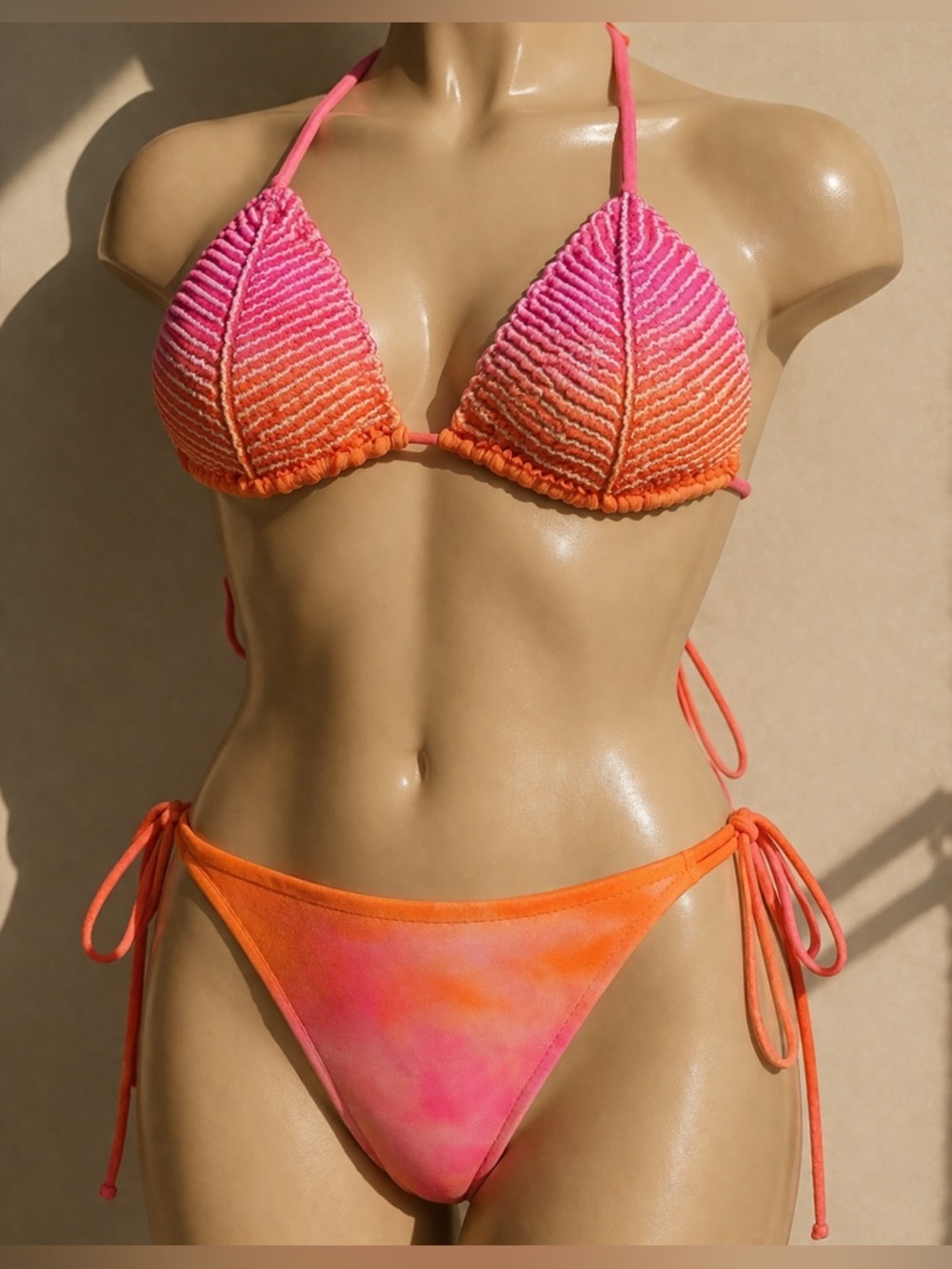 Women’s Pink-Orange Tie-Dye Crochet Triangle Bikini